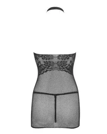 Petite robe en résille noire, sans couture, avec dentelle sur la poitrine. String assorti - R27167551101