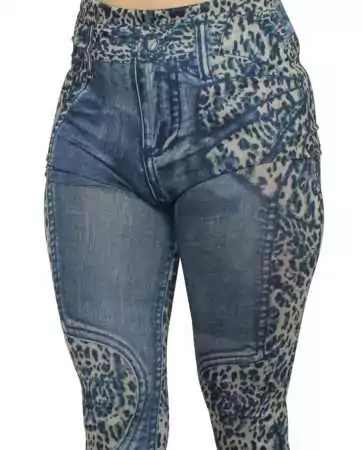 Blaue Leggings mit verwaschenem Jeans-Effekt und Leopardenmuster - FD1017