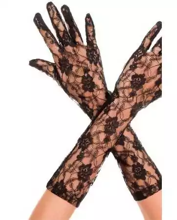 Black floral lace mid-arm long gloves - ML481BLK