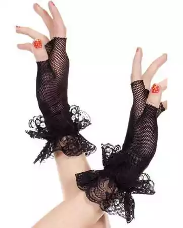 Black fingerless gloves with delicate fishnet and floral lace ruffles - ML462BLK