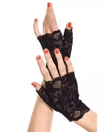 Schwarze Handschuhe mit offenen Fingern und floraler Spitze - ML416BLK