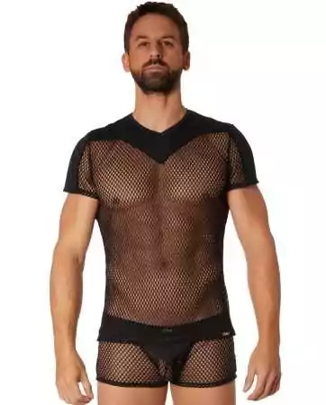 Black t-shirt with fishnet mesh and opaque bands - LM21-81ABLK