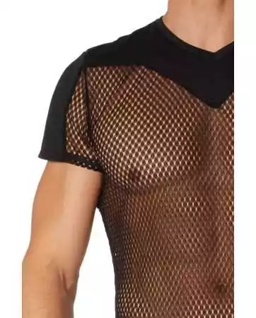 Black t-shirt with fishnet mesh and opaque bands - LM21-81ABLK