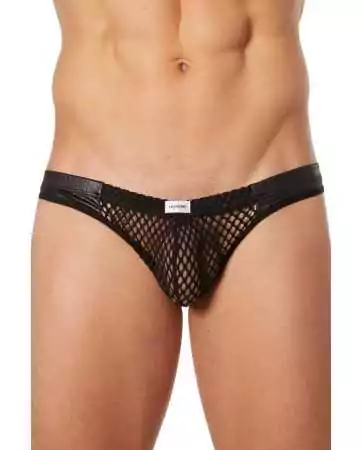 Black fishnet thong with faux leather bands - LM911-61MBLK