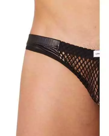 Black fishnet thong with faux leather bands - LM911-61MBLK