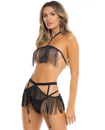 Three-piece black set including fringed top, skirt, and matching thong - REN53035-BLK