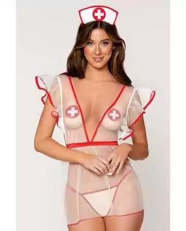 Krankenschwester-Kostüm, Nachthemd, Nippelabdeckungen, Haube und passender String - DG12916COS