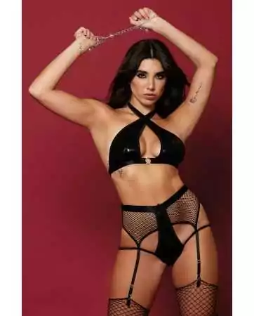 3-piece set, faux leather bra, chain handcuffs, and panty with garter belt in fishnet and faux leather -...