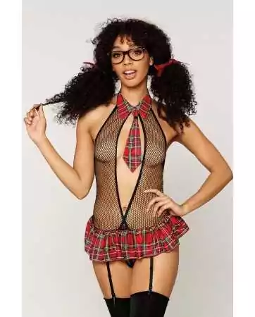 Schoolgirl costume, fishnet bodysuit with garter belt, integrated necktie choker, and fake glasses - DG12830COS