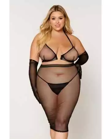 Ensemble 2 pièces grande taille, soutien gorge et jupe longue transparente noir - DG12770XBLK