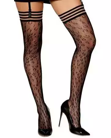 Leopard print fishnet stockings with black/transparent garters - DG0433BLK