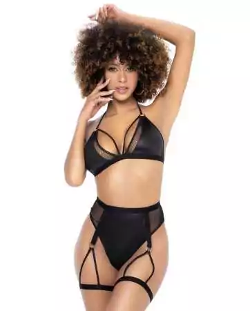 Two-piece set in black, including a bra and panties with attached garter belt and garters - MAL2709BLK