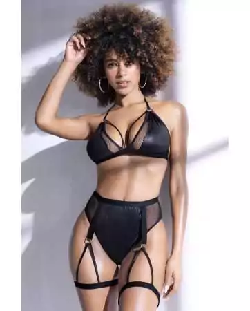 Two-piece set in black, including a bra and panties with attached garter belt and garters - MAL2709BLK