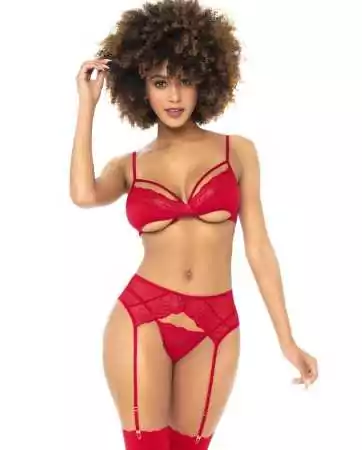 Three-piece red set, including bra, suspender belt, and thong - MAL8726RED.