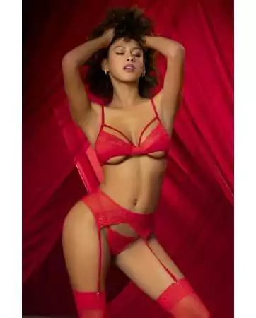 Three-piece red set, including bra, suspender belt, and thong - MAL8726RED.