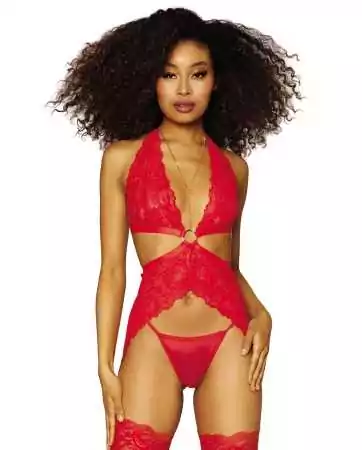 Lace babydoll with side garter belts, removable gold chains, and matching red thong - DG12708RED