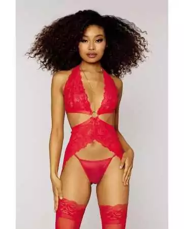 Lace babydoll with side garter belts, removable gold chains, and matching red thong - DG12708RED