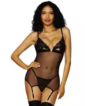Black lace and fishnet nightie with removable gold chain, garter belt, and matching string - DG12712BLK