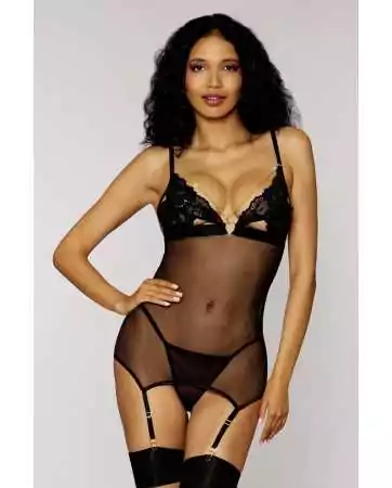 Black lace and fishnet nightie with removable gold chain, garter belt, and matching string - DG12712BLK