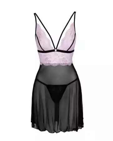 Black fishnet nightie with pink lace on the chest, with black thong - R2741342