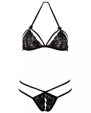 Black lace bra with detachable cups and thong - R221125410