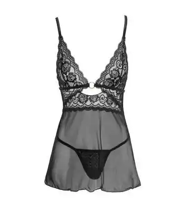 Black lace and sheer mesh babydoll with thong - R2741334