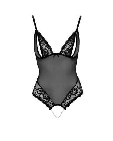 Black lace and fishnet bodysuit with pearls at the crotch - R2642425