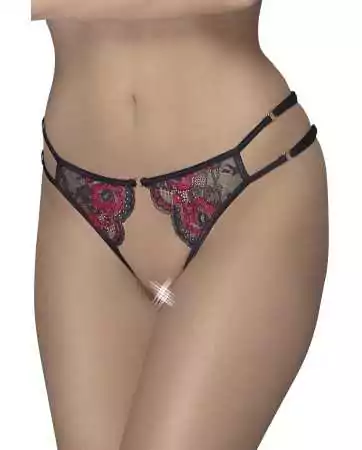 Offene Panties aus feiner roter und schwarzer Blumenspitze - R23221451101