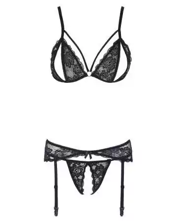 Ensemble trois pièces avec soutien-gorge fendu, porte-jarretelles et string noir - R2230348