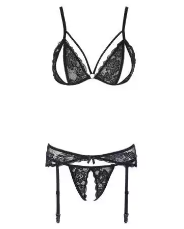 Three-piece set with split cup bra, garter belt and black thong - R2230348