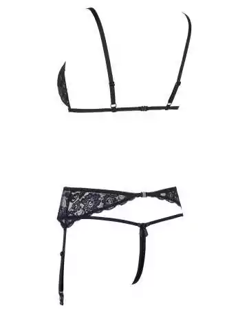 Three-piece set with split cup bra, garter belt and black thong - R2230348
