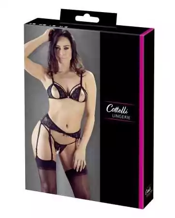 Ensemble trois pièces avec soutien-gorge fendu, porte-jarretelles et string noir - R2230348