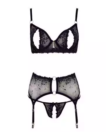 Soutien-gorge dentelle, porte-jarretelles et string ouvert noir - R2213052