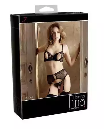 Lace bra, suspender belt, and open crotch black thong - R2213052