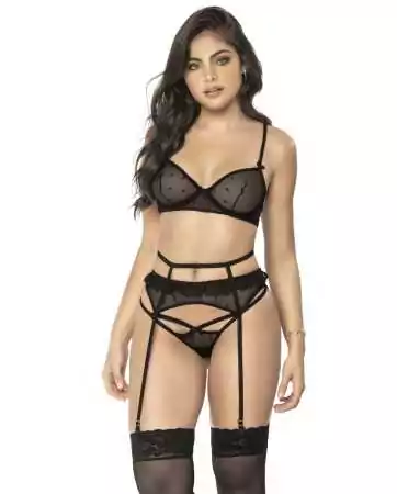 Black mesh bra set with garter belt and thong - MAL8678BLK
