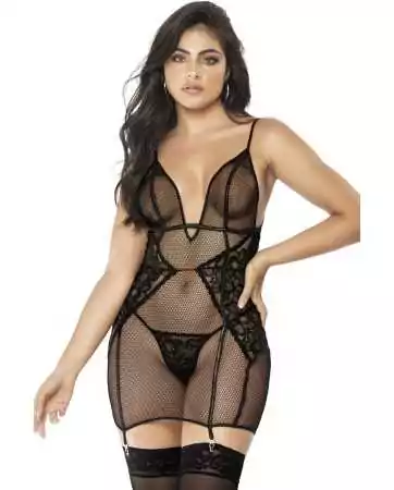 Black fishnet chemise with garter belt and matching thong - MAL7435BLK