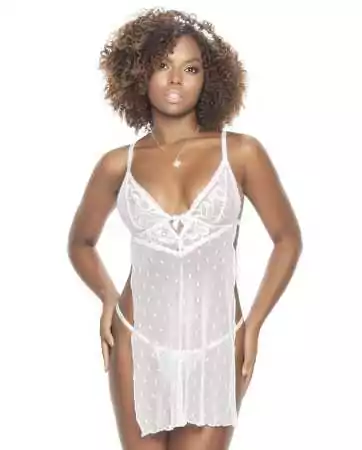 White nightie with wide slits on the sides and a thong - MAL7425WHT