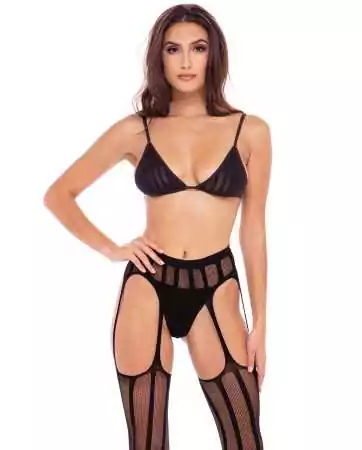 3-piece set with bra, garter belt, stockings, and thong - REN7096-BLK