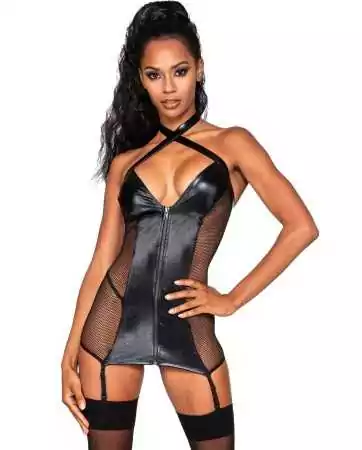 Black faux leather basque with fine mesh and suspenders - DG12447BLK