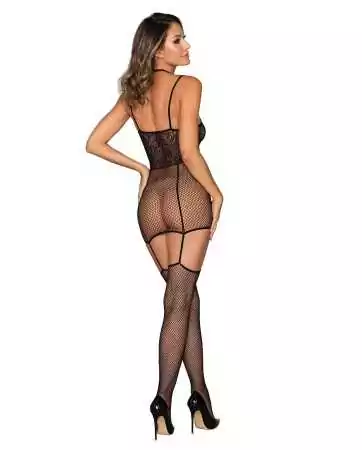 Sexy set, bodysuit with black lace and fishnet garter - DG0379BLK