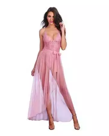 Body string vintage rosa decotado em renda com saia de malha transparente removível - DG10996VPK