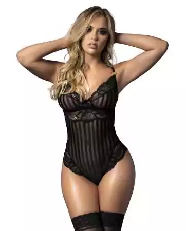 Black lace bodysuit, striped with lace and fine fishnet - MAL8631BLK