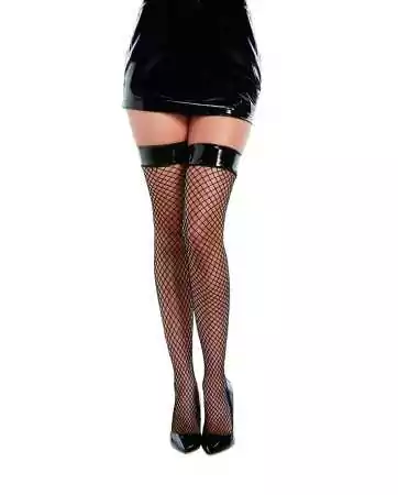 Black fishnet thigh-high stockings with vinyl garter belt - DG0362BLK