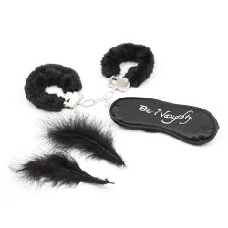 Kit coquin 4 pièces : Menottes, 1 plume et masque