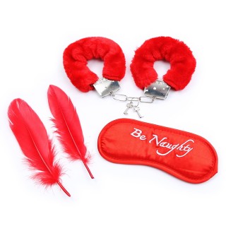 Kit coquin 4 pièces : Menottes, 2 plumes et masque rouge - Oralove