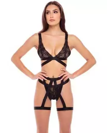 Ensemble pièces soutien-gorge, string et porte jarretelles - REN53022-BLK