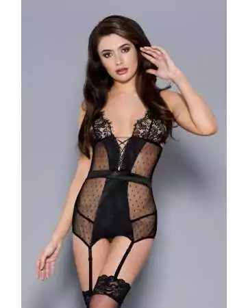 Mesh and lace basque with black suspender belts - ML20045BLK