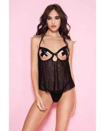 Sheer black babydoll with open cups and matching string - ML59088BLK