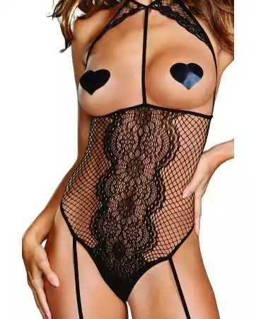 Open cup fishnet bodystocking with attached stockings - DG0354BLK