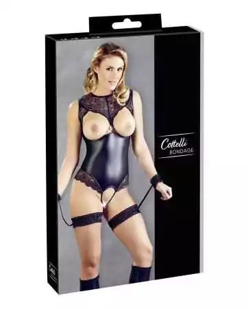 Lace and faux leather open body with handcuffs - OR2642239BLK